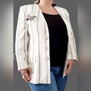 Le Suit Women's Business/Office Cream/Gray Collarless Striped Blazer 14/Large